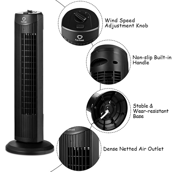 35W 28'' Oscillating Tower Fan 3 Wind Speed Quiet Bladeless Cooling Room