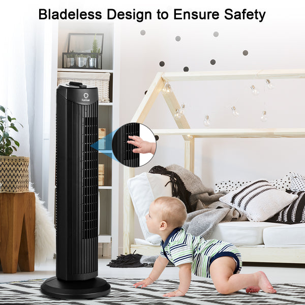 35W 28'' Oscillating Tower Fan 3 Wind Speed Quiet Bladeless Cooling Room