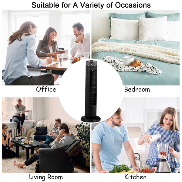 35W 28'' Oscillating Tower Fan 3 Wind Speed Quiet Bladeless Cooling Room